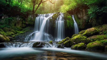 Beautiful waterfall in tropical forest. Waterfall in deep forest.