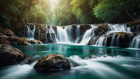 Beautiful waterfall in deep forest at Erawan waterfall National Park, Kanchanaburi, Thailandの写真素材