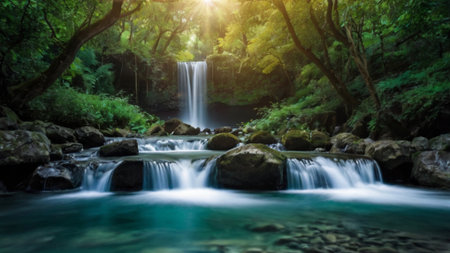 Beautiful waterfall in the forest at Erawan waterfall National Park, Kanchanaburi, Thailandの写真素材