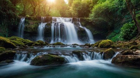 Beautiful waterfall in deep forest at Kanchanaburi province, Thailandの写真素材