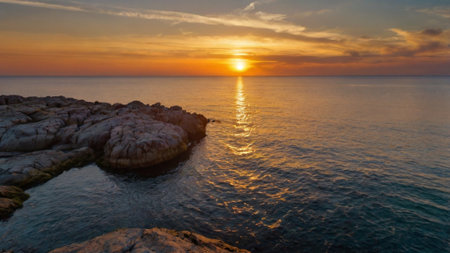 Beautiful sunset over the sea in Croatia. Panoramic view.の写真素材