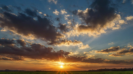 Sunset over a green field and blue sky with clouds. Landscape.の写真素材