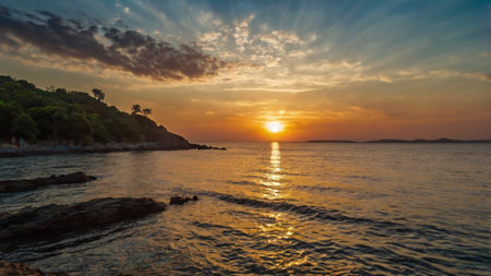 Beautiful sunset over the sea. Panoramic view of the sea at sunset.の写真素材