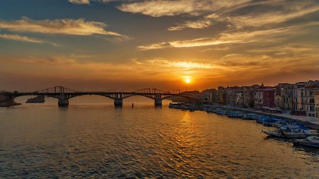 Panoramic view of Vittorio Emanuele bridge at sunset, Rome, Italyの写真素材