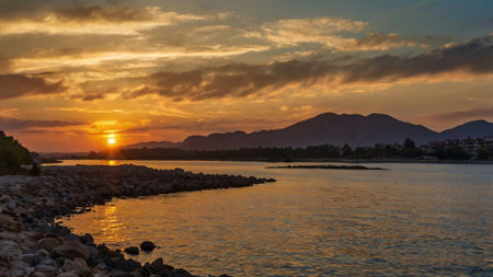 Sunset over the sea with mountains in the background, Sardinia