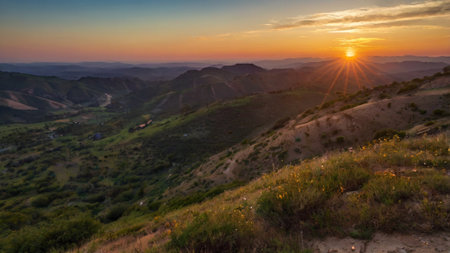 Sunset over the mountains. Panoramic viewの写真素材