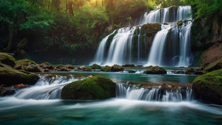 Beautiful waterfall in deep forest at Erawan waterfall National Park, Kanchanaburi, Thailand