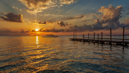 Beautiful sunset over the sea with a pier in the foreground.の写真素材