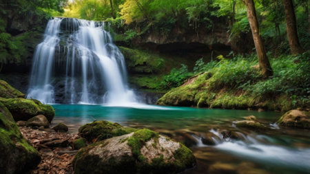 Beautiful waterfall in deep forest at Erawan waterfall National Park, Kanchanaburi, Thailandの写真素材