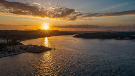 Aerial view of beautiful sunset over the Adriatic Sea in Croatiaの写真素材