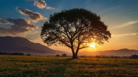 Sunset over a meadow with a tree and mountains in the backgroundの写真素材
