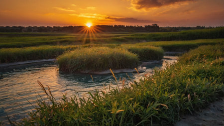 Sunset over the rice fields in the Mekong Delta, Vietnamの写真素材