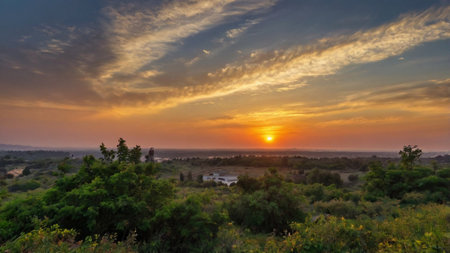 Sunset over the savannah of Chobe National Park, Botswanaの写真素材