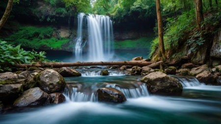 Deep forest Waterfall in Kanchanaburi province, Thailand.
