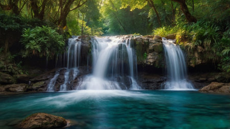 Beautiful waterfall in the tropical forest, Kanchanaburi, Thailandの写真素材