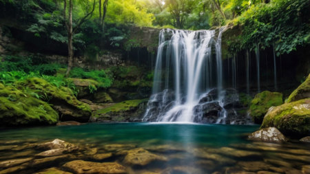 Panoramic view of beautiful waterfall in the deep forest of Thailandの写真素材