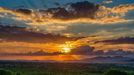 Sunset over the fields of Goa, India. Panoramaの写真素材