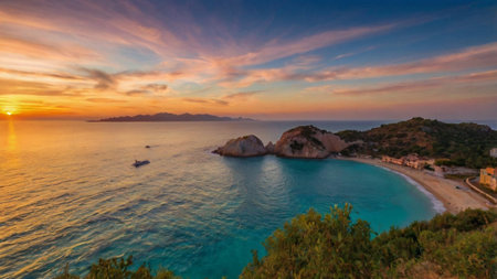 Panoramic view of a beach at sunsetの写真素材