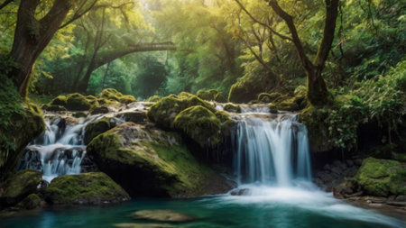 Panoramic view of waterfall in deep forest. Nature background.の写真素材