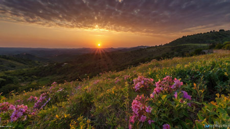 Sunset in the mountains with pink rhododendron flowersの写真素材