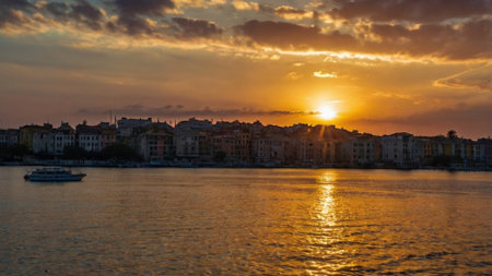 Sunset over the Danube River in Budapest, Hungary. Panoramic viewの写真素材