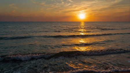 Sunset on the sea. Beautiful sunset over the sea. The sun is reflected in the water.の写真素材