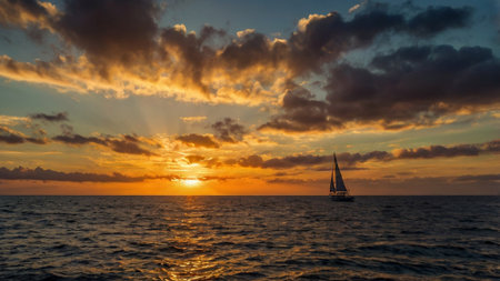 Sailing yacht in the sea at sunset. Beautiful seascape.の写真素材