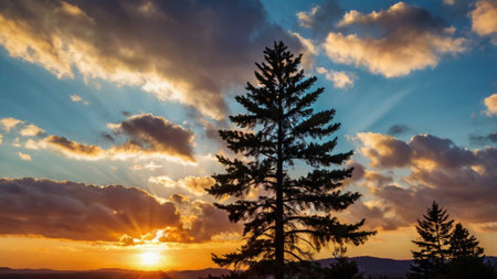 Sunset in the mountains with a silhouette of a coniferous treeの写真素材