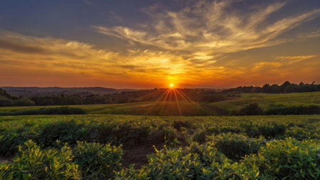 Sunset over the tea plantation in the province of Alentejo, Portugalの写真素材