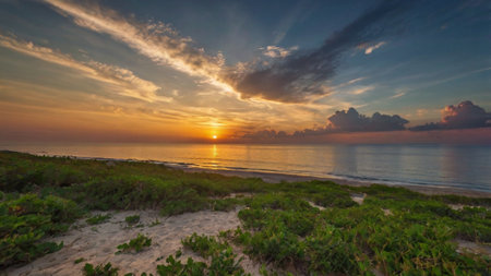 Beautiful sunset over the sea. Panoramic view of the beach.の写真素材