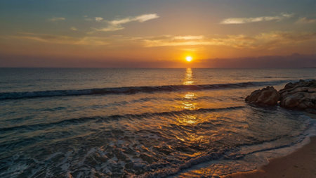 Sunset on the beach in the evening. Beautiful seascape.の写真素材