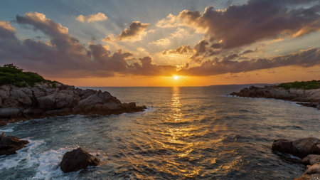 Beautiful sunset over the sea. Panorama of the sea at sunset.の写真素材