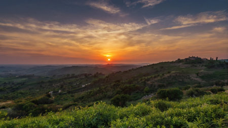 Sunset over the hillside in the countryside of Tuscany, Italyの写真素材