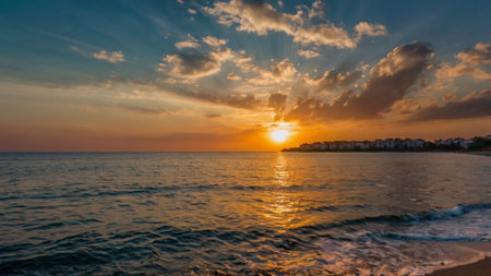 Sunset over the sea. Panoramic view of the sea.の写真素材
