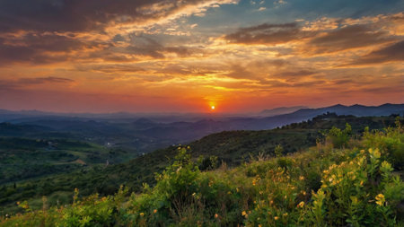 Sunset over the mountains in Tuscany, Italy. Panorama