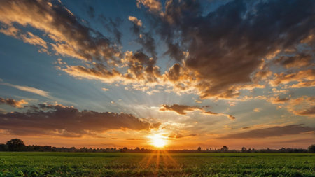 Sunset over the rice field with blue sky and white clouds.の写真素材