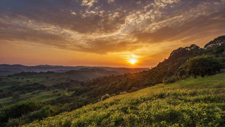 Sunset over the hills of Tuscany. Italy. Panoramic viewの写真素材