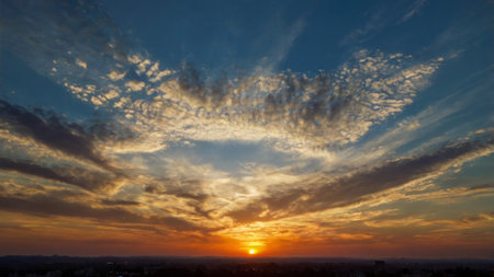 Sunset with clouds in the sky over the city. Sky background.の写真素材