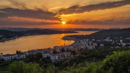 Sunset over the town of Rovinj, Croatia.の写真素材