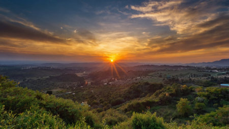 Beautiful sunset on the mountain, Thailand. Panoramic view.の写真素材