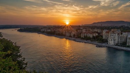 Aerial view of the city of Budva at sunsetの写真素材