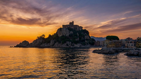 Panoramic view of Portovenere at sunset, Liguria, Italyの写真素材