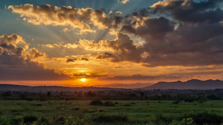Sunset over the savannah with mountains in the background, Kenyaの写真素材