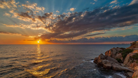 Sunset over the sea in Costa Brava, Catalonia, Spainの写真素材