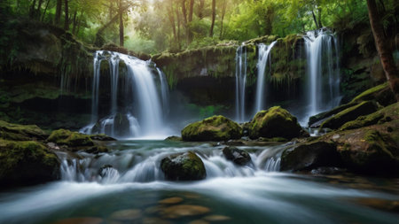 Beautiful waterfall in deep forest at Erawan waterfall National Park, Kanchanaburi, Thailand