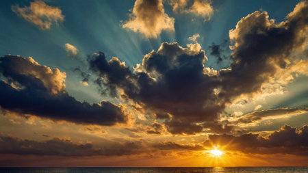 Beautiful sunset over the sea. Colorful sky with clouds and sunbeams