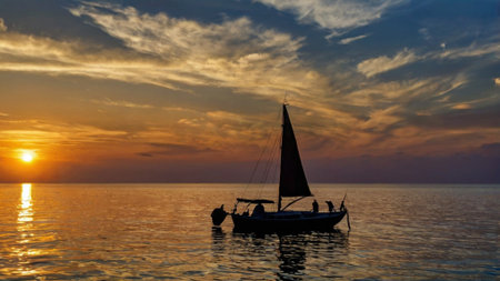 Sailing boat in the sea at sunset. Beautiful seascape.の写真素材