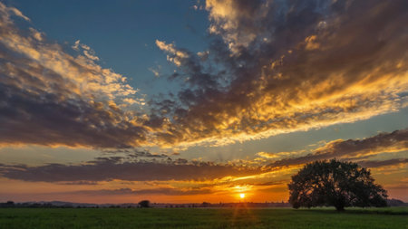 Sunset over a field with a tree in the foreground and clouds in the sky