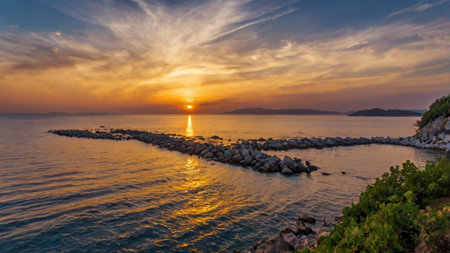 Sunset over the sea. Panoramic view of the sunset over the sea. Beautiful sunset over the sea.の写真素材