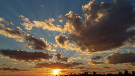 Sunset sky with sun rays and clouds. Beautiful nature background.の写真素材